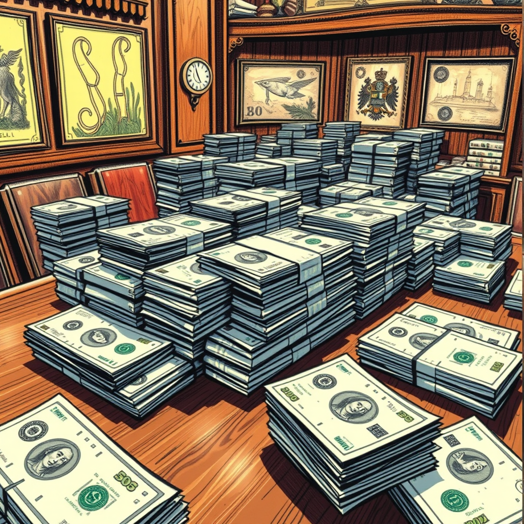 a hand drawn painting of many stacks of money on a big table, 8k, sharp, detailed, vibrant, vivid - Image