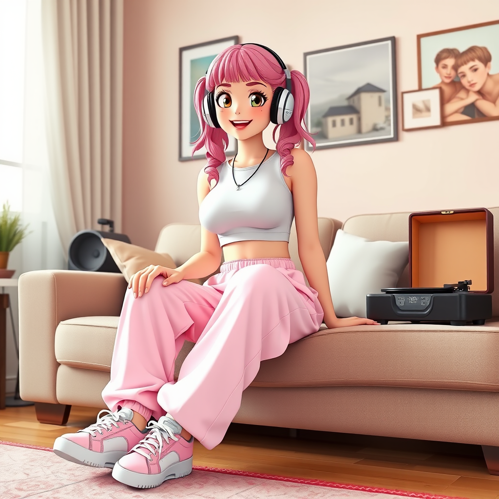 A happy, adult female influencer with a full figure, pink hair, pigtails, two arms and two legs, two feet, two hands, wearing retro headphones, a white sleeveless crop top, oversized baggy pink tracksuit pants, and sneakers, sitting on a couch in a living room listening to music being played on an old-style record player. Realistic 3D Anime Style, highly detailed, wide-angle lens. Looking at the camera.