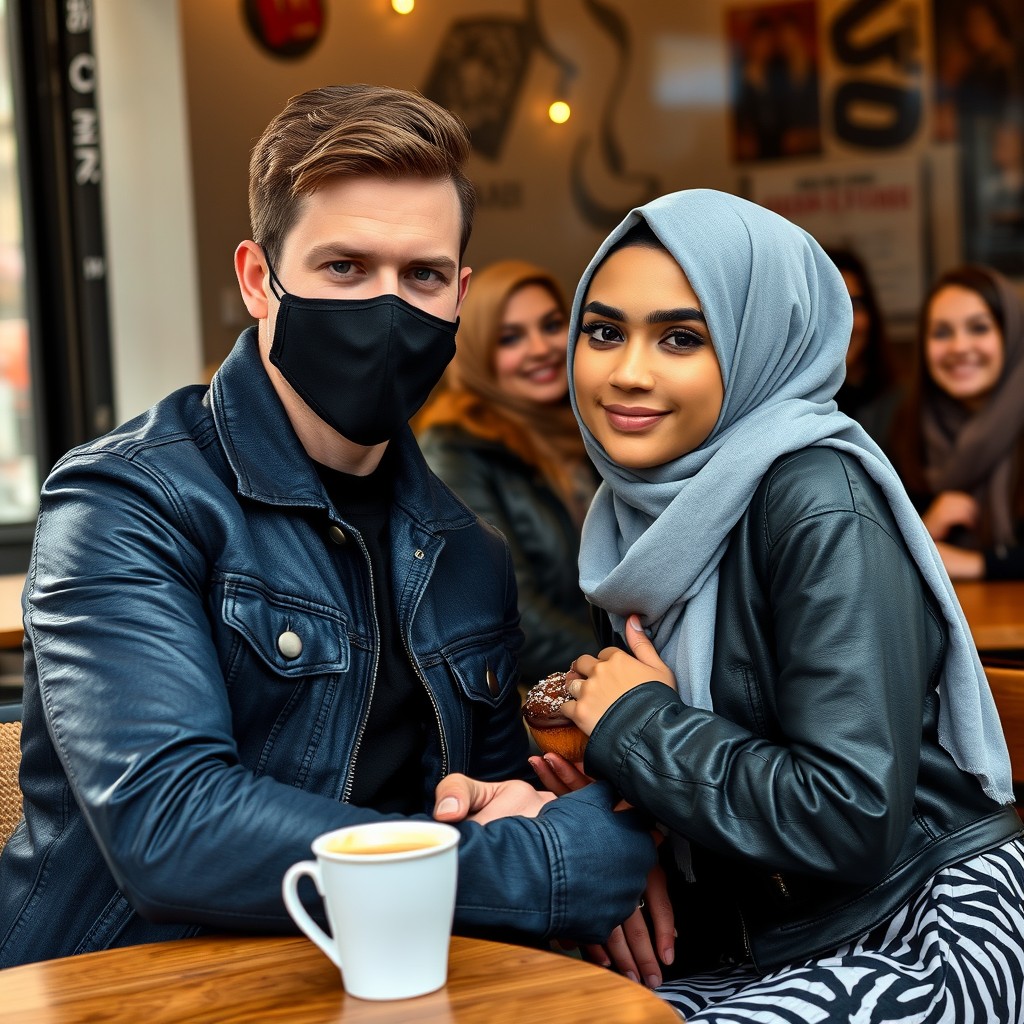 Jamie Dornan's head and body shot, handsome, black face mask, blue jeans jacket, jeans, dating a Muslim girl in a grey hijab, beautiful eyes, black face mask, black leather jacket, biggest zebra pattern skirt, at a cafe, 2 cups of latte, muffin cake, choco donut on the table, with 3 other friends smiling in the background, photorealistic, hyper-realistic, street photography, selfie. - Image