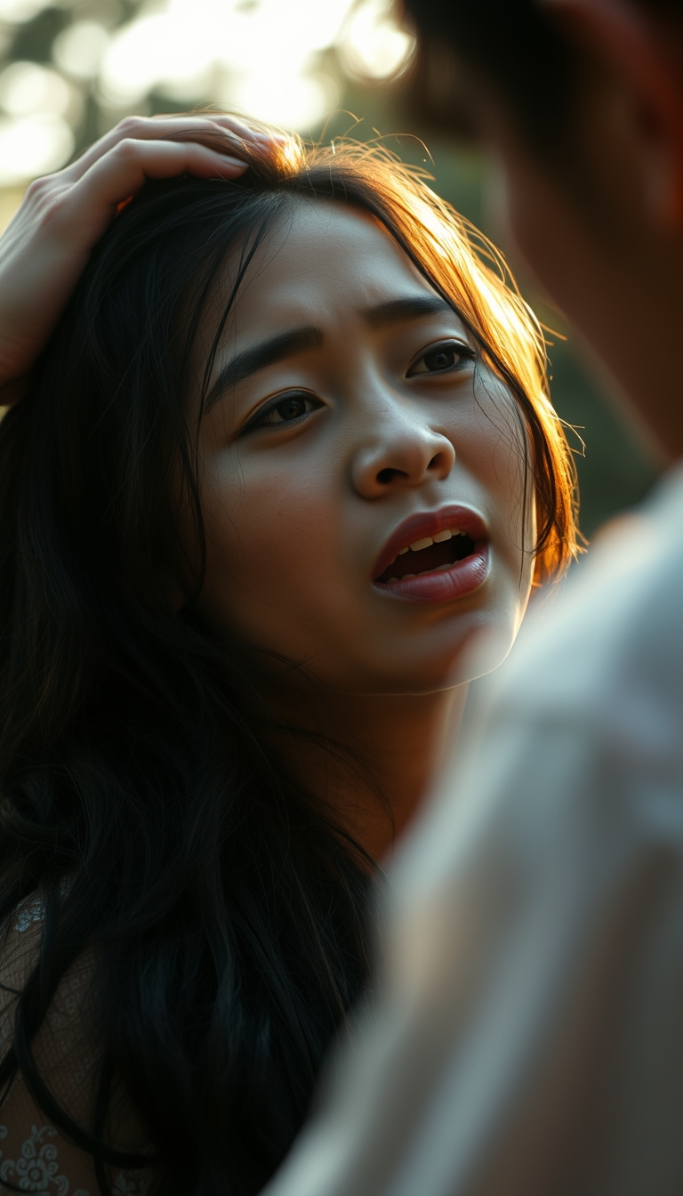 Malay young women's demonic possession scene, exorcism horror style, intense expressions. Shadow casting, golden hour, bokeh.