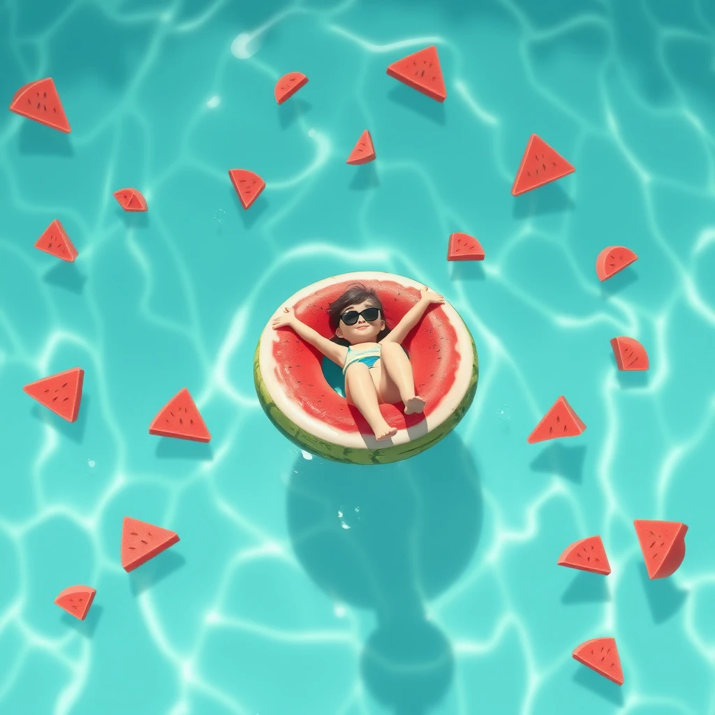 Lying on a tube in a swimming pool made of watermelon. Animation, summer.