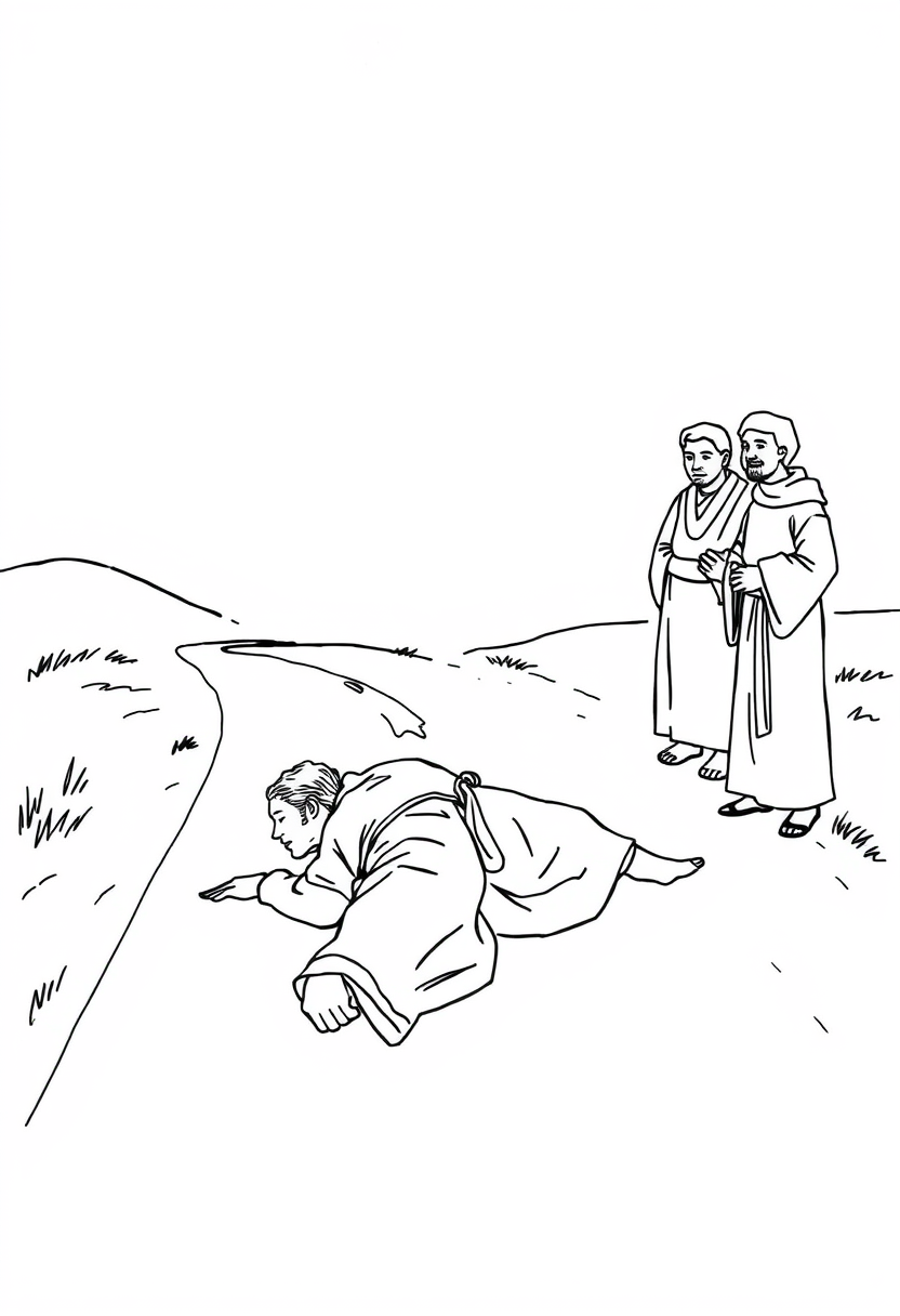 Coloring book page. Simple black and white sketch of Paul's conversion on the road to Damascus: A figure (Paul) fallen on a road. Include a bright light source from above. Add other figures (companions) standing nearby, looking confused. White background, black and white drawing, sharp black lines.