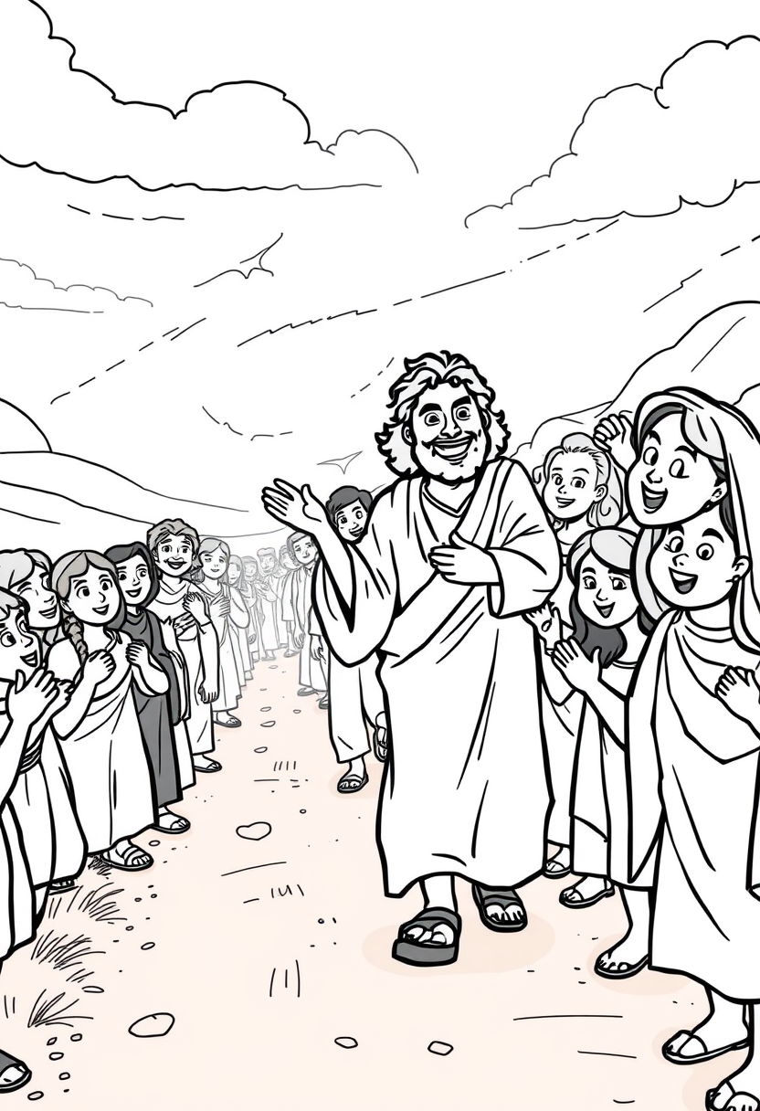 Depict a crowd of people joyfully following Jesus along a dusty road, with expressions of hope and excitement. A coloring book page, cartoon style, thick lines, low details, no shading. - Image