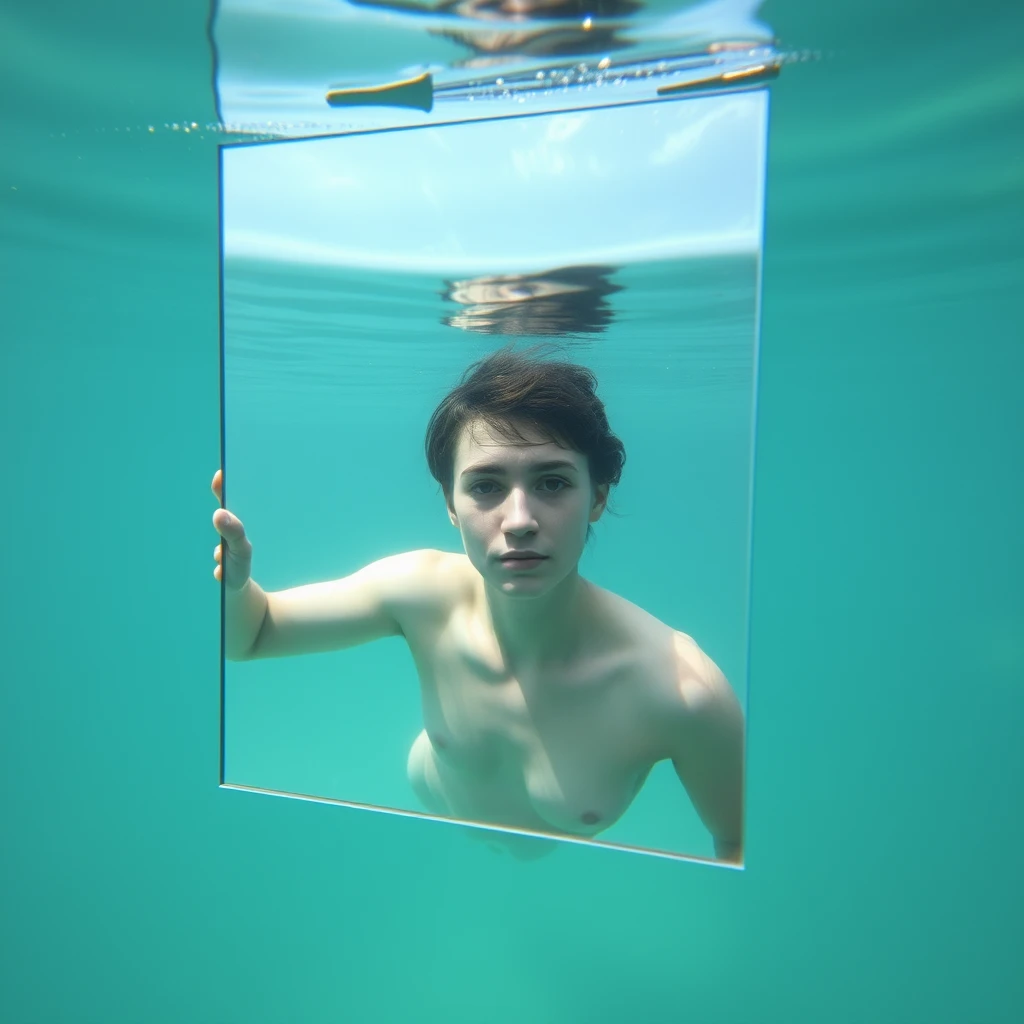 There is a large rectangular mirror in the water, and a person is looking in the mirror underwater. The mirror is big enough to see their whole body, and this person has very fair skin. - Image