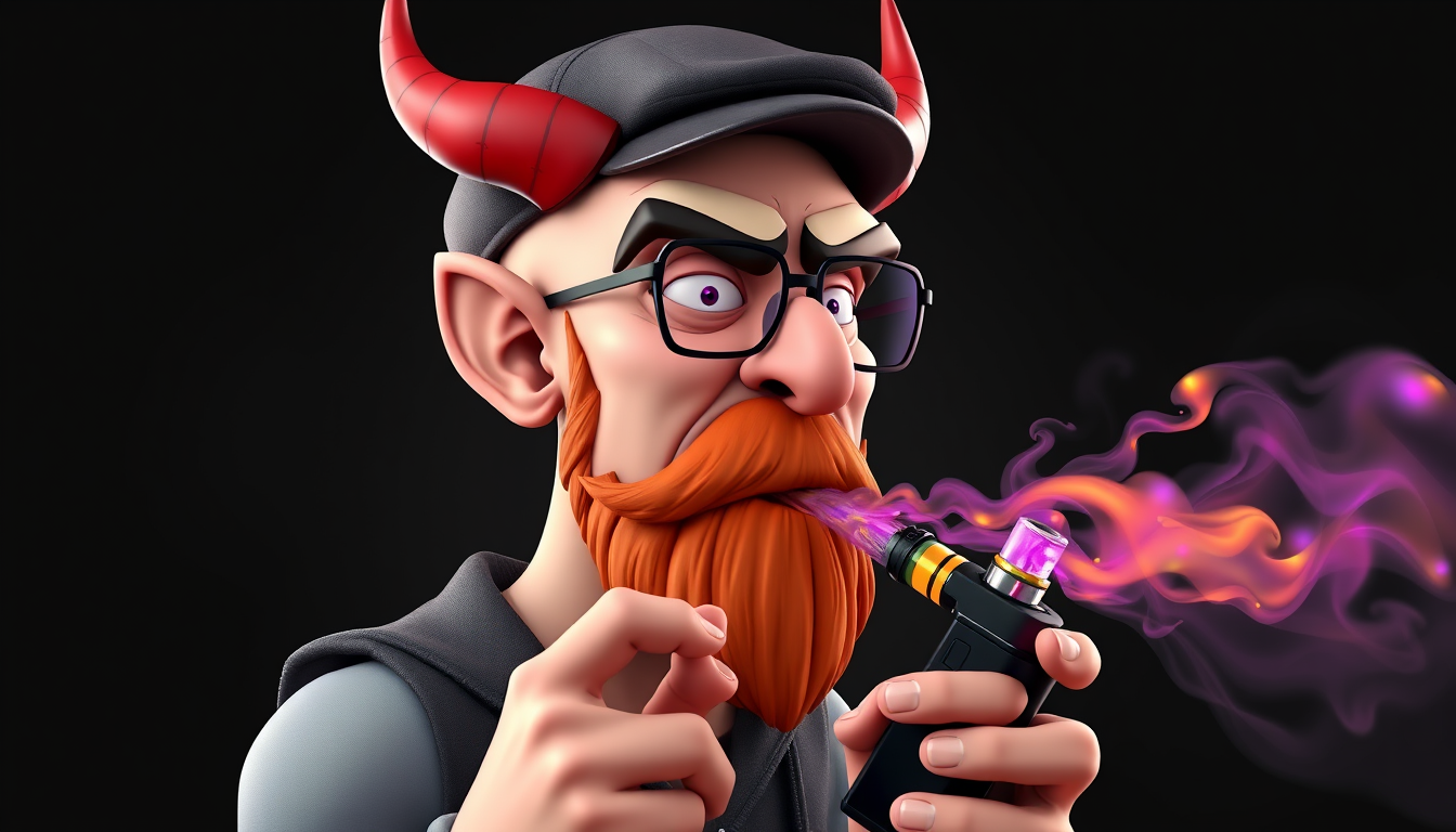 Three-quarter view of a sinister, bald cartoon human male with necromancer lich features, demonic horns, a short fiery ginger beard that contrasts with dark eyebrows. He wears a weathered flat cap and aviator glasses. He clutches a sleek vape mod, exhaling dense, swirling vapor clouds. Vibrant e-liquid drips off his pale skin, creating a colorful aura. 3D rendered. - Image