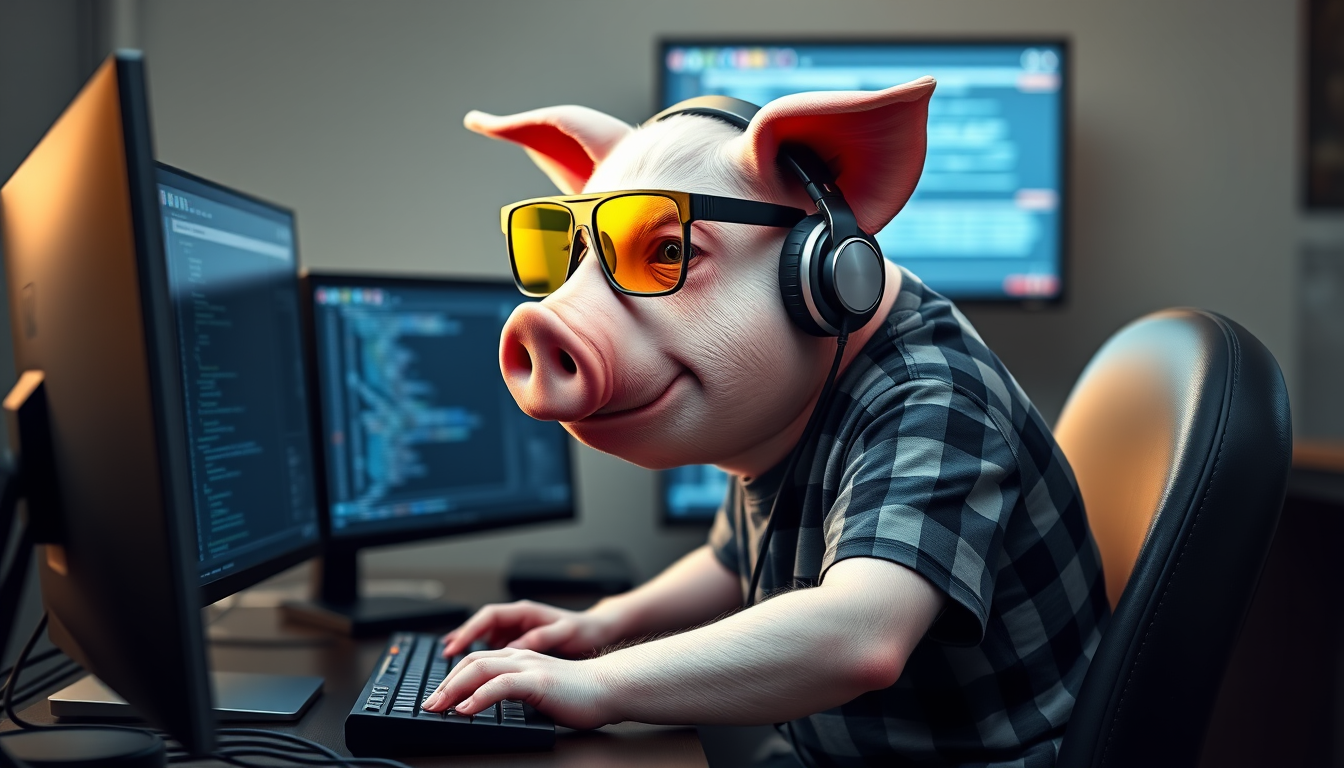 A tech-savvy pig coder, wearing yellow-tinted glasses and sleek noise-cancelling headphones, hunches over a cutting-edge multi-monitor setup. The anthropomorphic pig radiates concentration, typing furiously. Dressed in a plaid T-shirt.