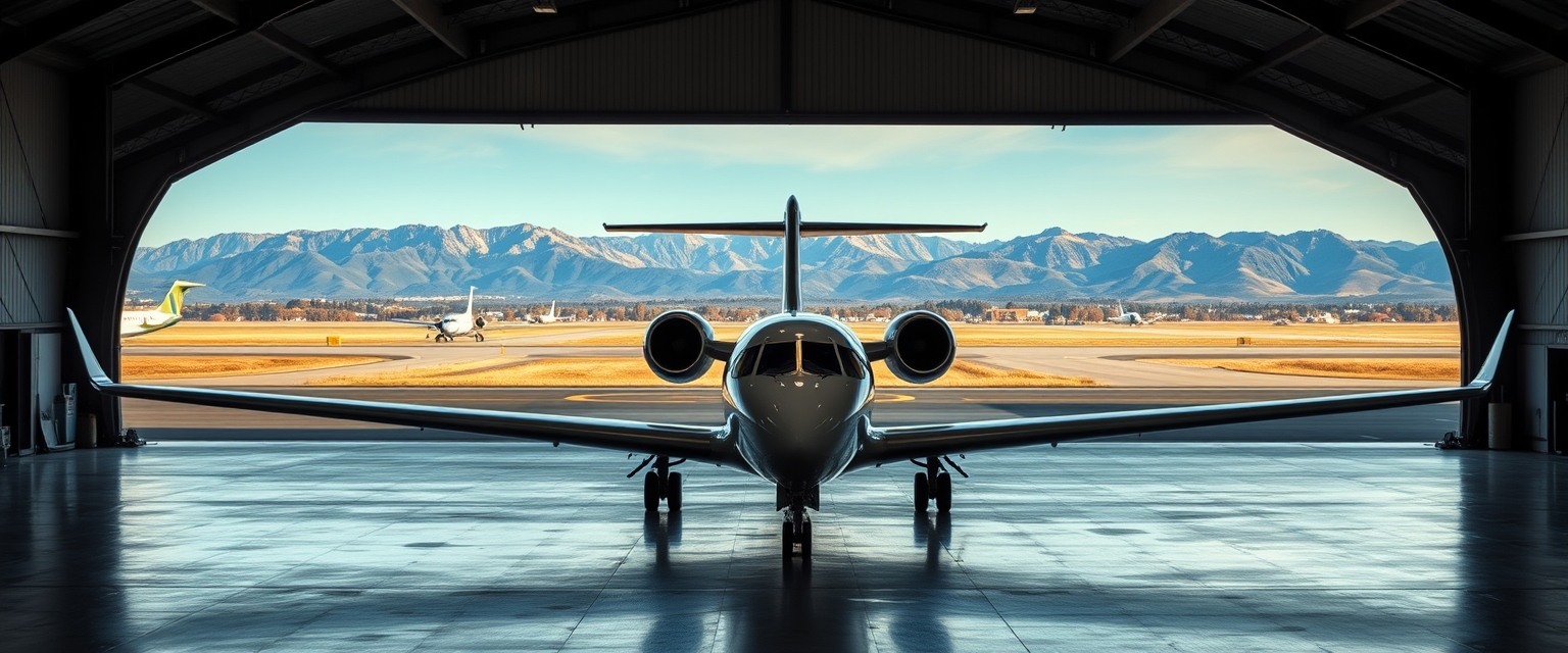 Private jet parked inside a hangar with a view of the runway and mountains in the distance.