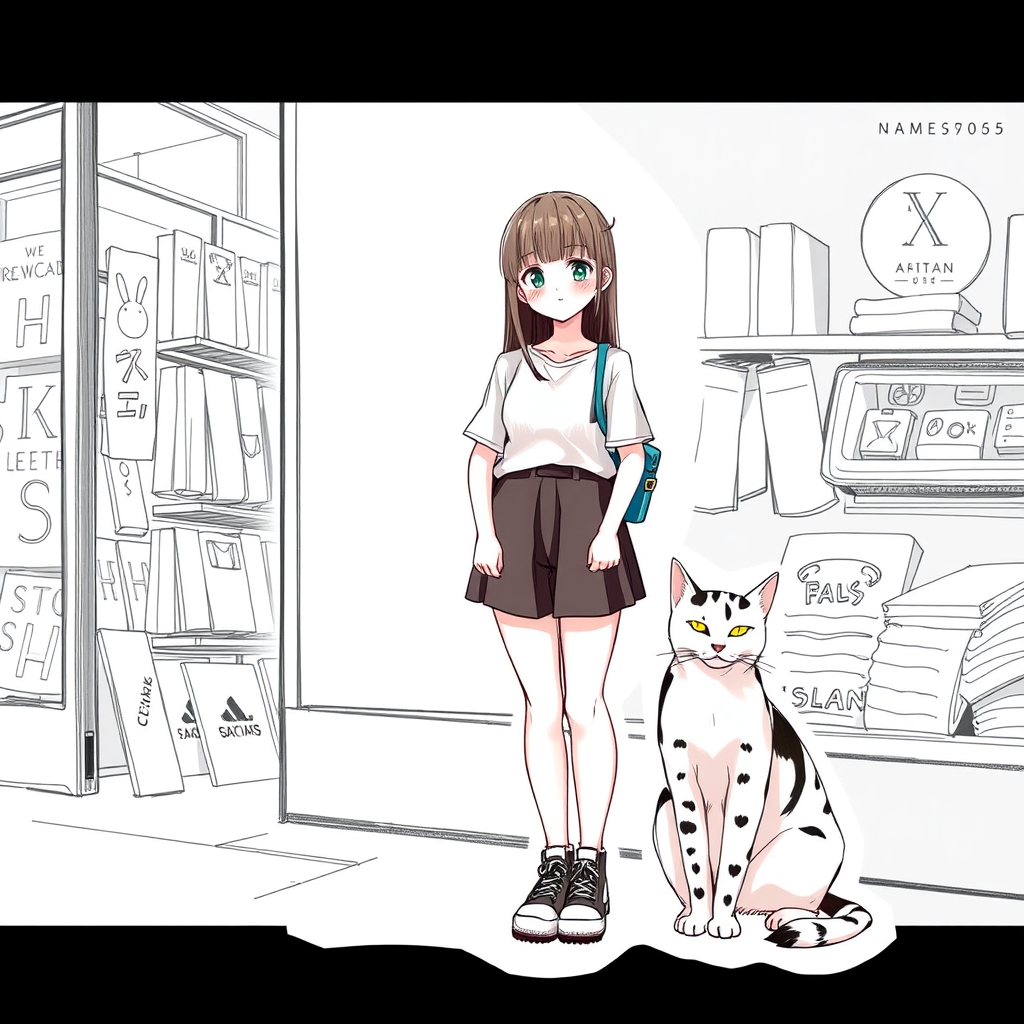 Young women, nice outfit, short skirt, short pants, whole, front face, with a cat sitting beside, background is a store, portrait sketches, [NAME] --sref 1337752005