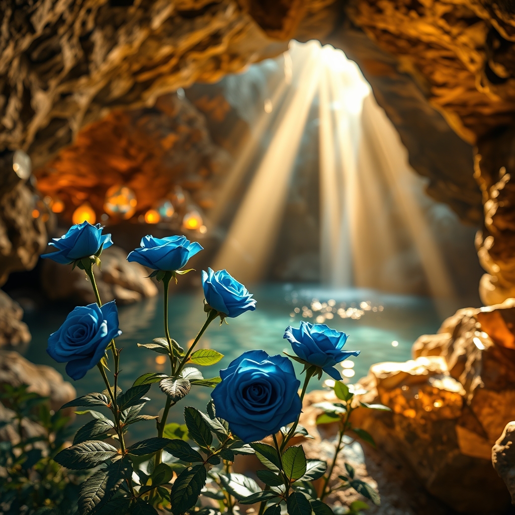 Award-winning photo of a cave surrounded by gemstones; in the distance, you can see a water basin with a waterfall. Blue roses grow by the basin. The light from the gemstones decorating the wall falls on the water and casts shadows on the rose petals. The atmosphere of the picture is magical and warm—masterpiece, best quality, high quality, absurd resolution, insanely absurd resolution, detailed background, very aesthetic, ray tracing, volumetric lighting, 8K UHD HDR, cinematic, epic, (photo medium, realistic:1.2), sharp focus, by ideogram.