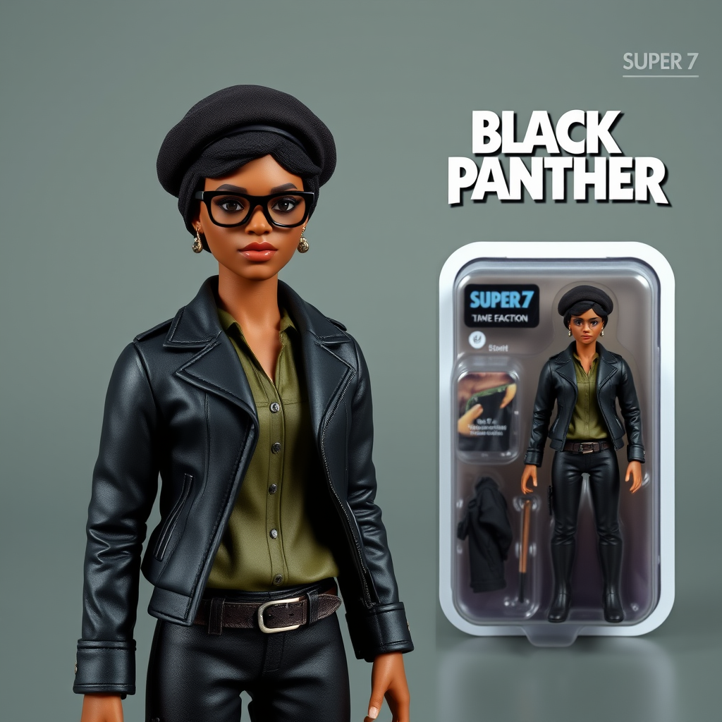 Design a Kenner action figure toy or a Super 7 Reaction figure toy of a woman who is a member of The Black Panthers, featuring a black beret or afro hairstyle, a black leather jacket, black glasses, and a green olive shirt. Additionally, use the classic packaging created by Kenner or Super 7 Reaction packaging.