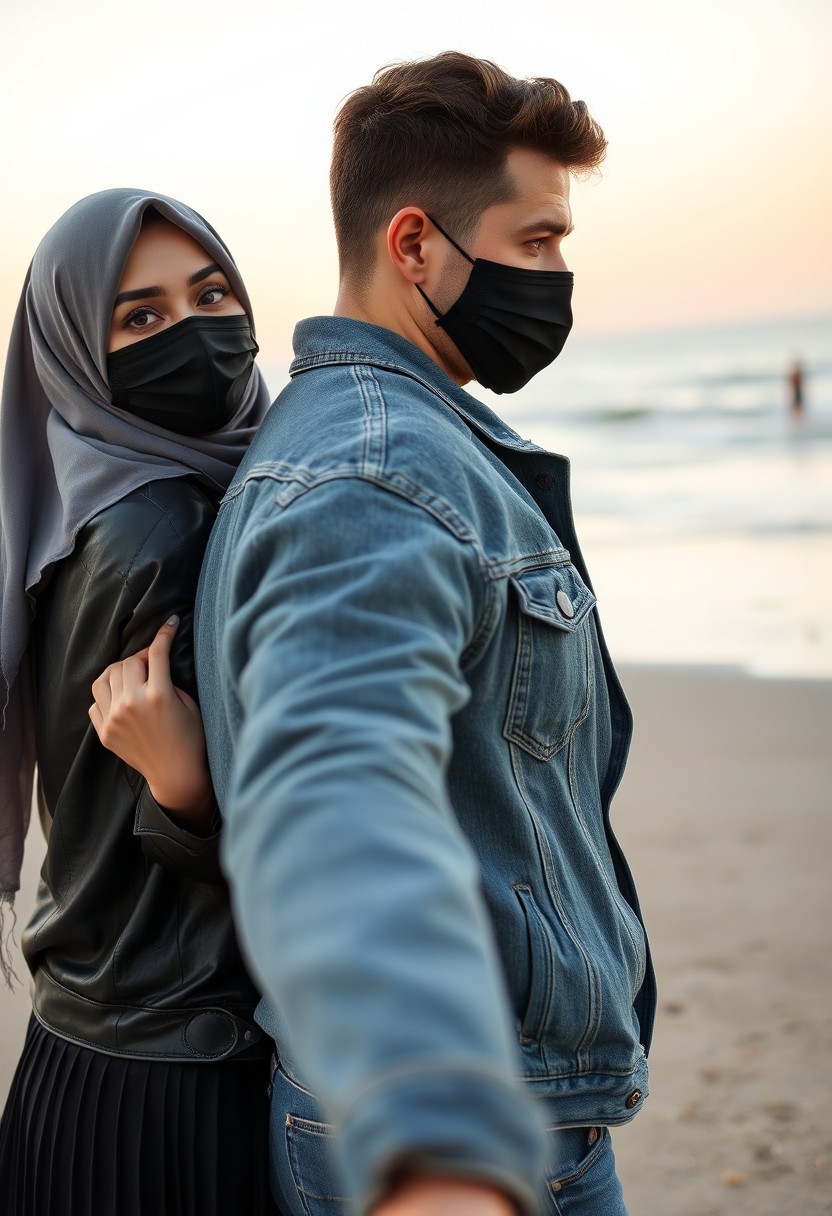 Jamie Dornan's head and body shot, handsome, black face mask, denim jacket, jeans, dating, love couple, hugging from behind, with the biggest grey hijab Muslim girl, black face mask, beautiful eyes, black leather jacket, biggest skirt, at the beach, hyper-realistic, street photography, selfie. - Image