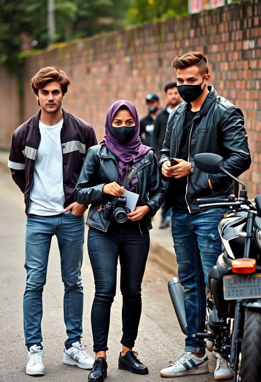 Jamie Dornan and Freddie Prinze, head and body shot, handsome, young, serious face, dark brown hair, white T-shirt, collage jacket, skinny jeans, sneakers, standing, discussing with two guys and a Muslim girl wearing a short purple hijab, beautiful eyes, black face mask, black leather jacket, jeans, holding a Canon DSLR camera, near a town road, superbike, hyper-realistic, street photography, brick wall, full body photo, three other random friends in the background. - Image