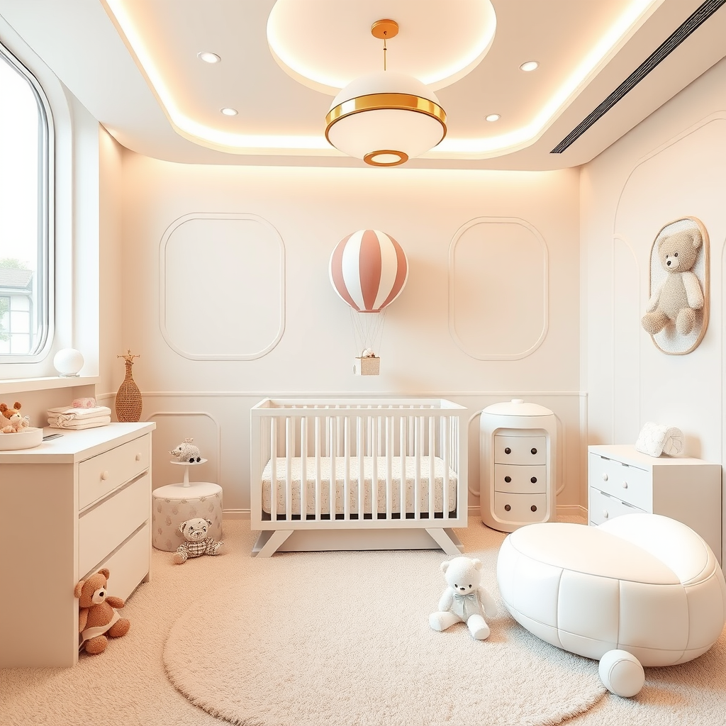 A nursery for my baby girl named Alexandra, colored beige and white and light pink, with small toys, featuring a teddy bear and air balloon theme, futuristic modern and spacious.