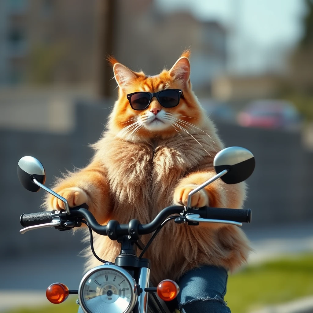 A cat rides a bike with a fur coat and sunglasses on. - Image