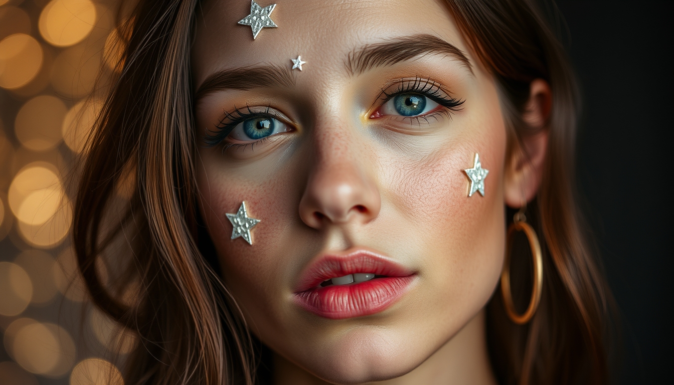 Woman's face covered in stars. - Image