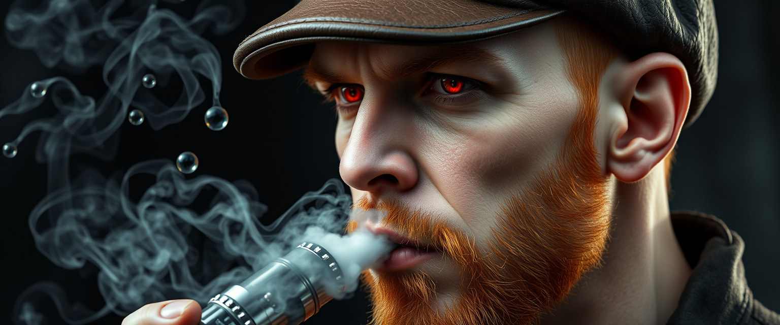 Hyper-realistic three-quarter portrait of a demonized white male, bald with meticulously detailed ginger stubble, donning a worn leather flatcap. Piercing red eyes gleam as he exhales dense, swirling vapor clouds from an intricately designed chrome vapemod. Iridescent e-liquid droplets suspended mid-air.