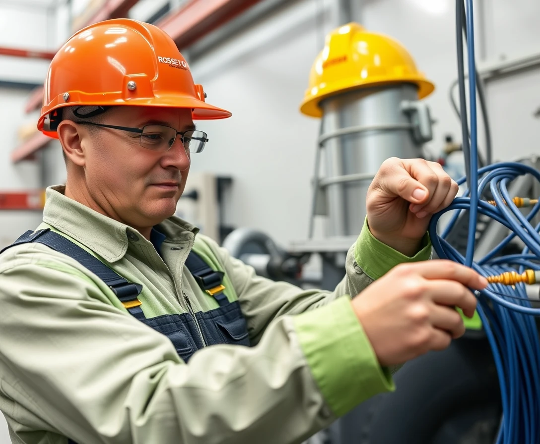 an engineer in overalls with the inscription Rostelecom connects an optical cable