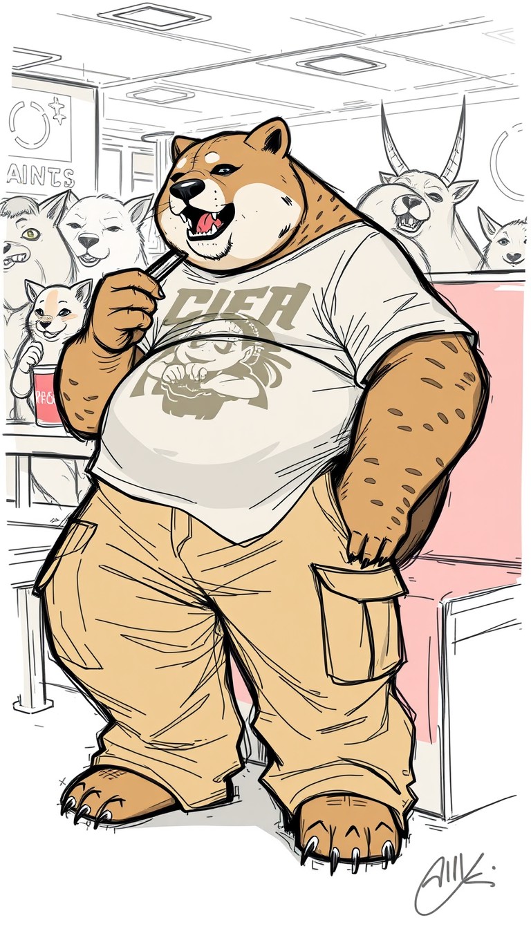 digital art, rough sketch, anthropomorphic fat Bear Cougar hybrid, big wide tan cargo pants, massive bulge, large fantasy graphic T-shirt, wide waist overhang, sitting at a booth table, eating at a fantasy fast food restaurant, Anthropomorphic animals in background - Image