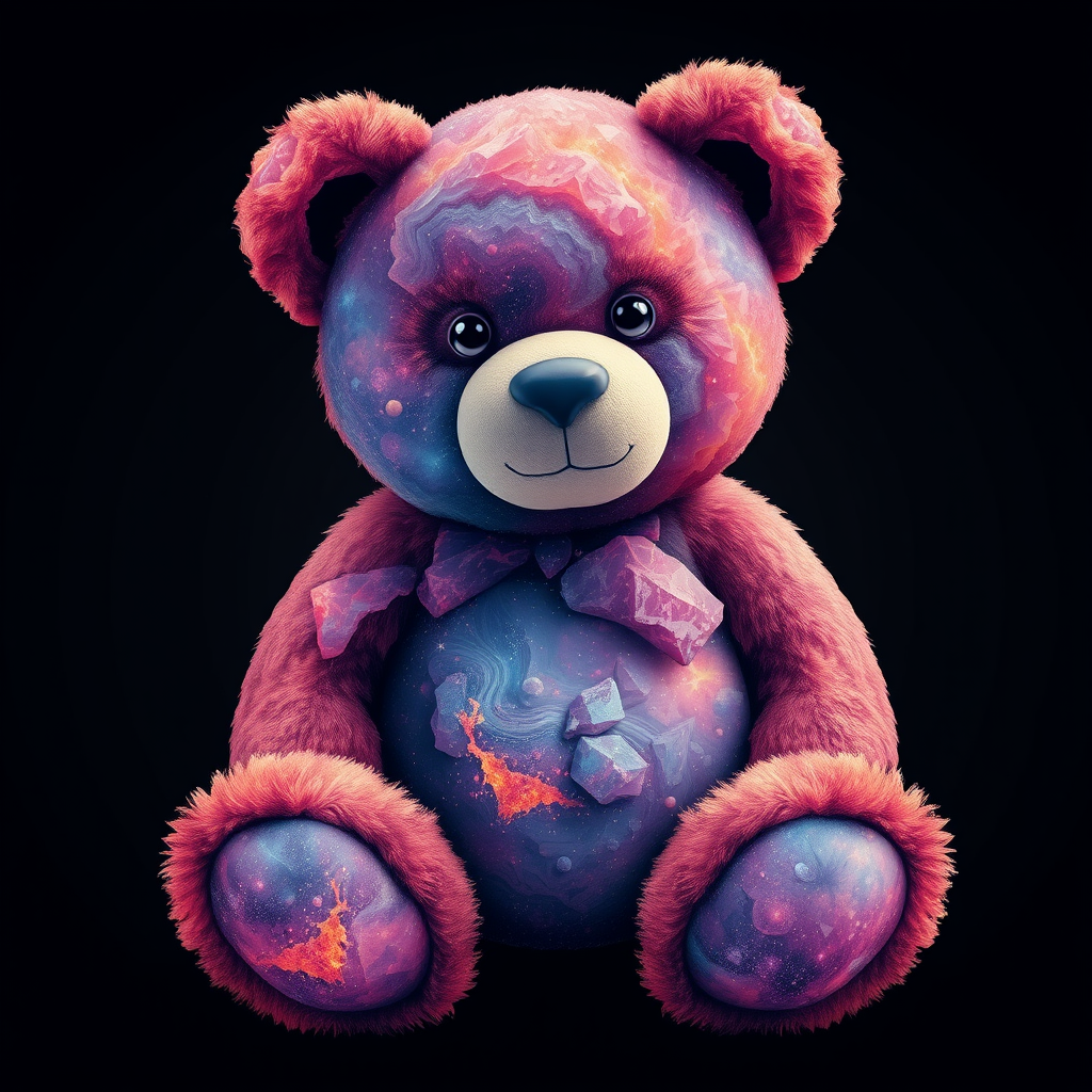 A tee shirt design of a teddy bear whose entire body, ears, and head are perfectly made of a beautiful mineral that looks reminiscent of the universe. Striking and beautiful, with deep blues and purples contrasting with vibrant reds and orange. - Image