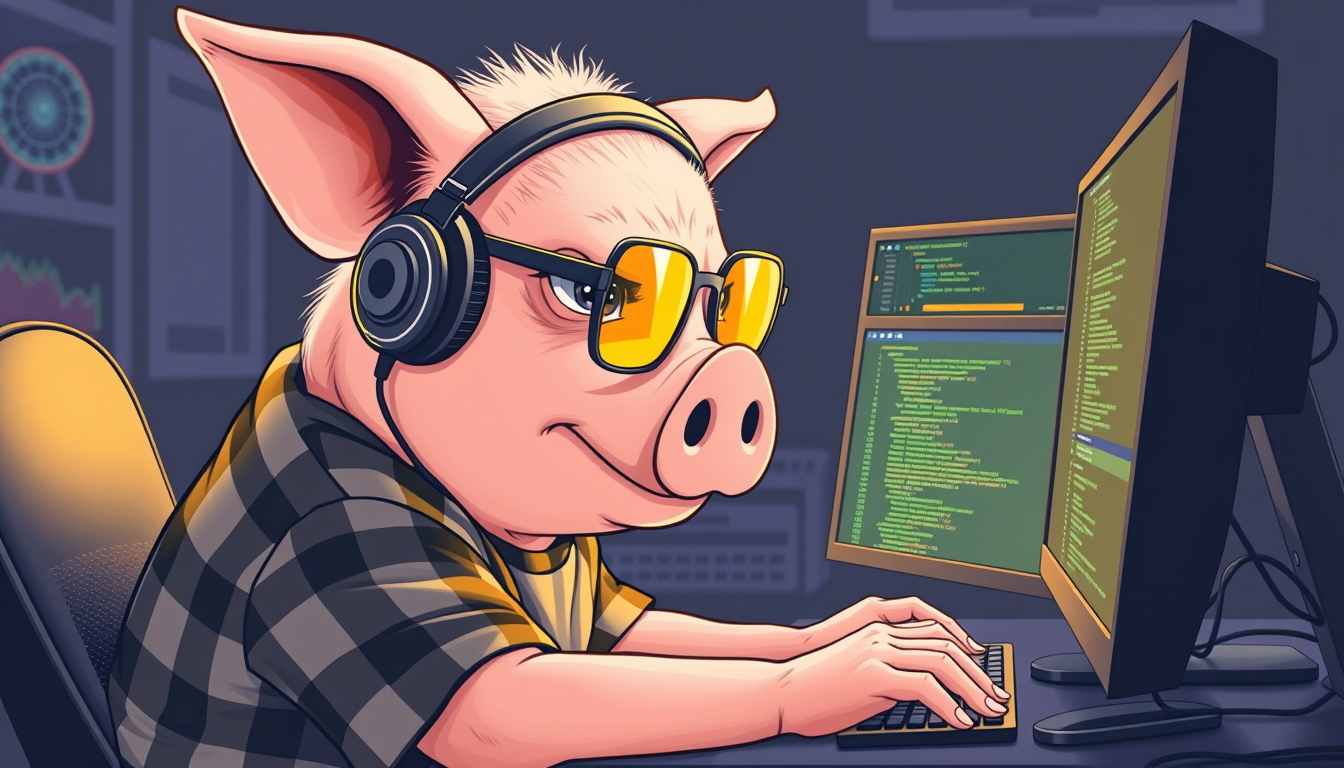 A tech-savvy pig coder, wearing yellow-tinted glasses and sleek noise-cancelling headphones, hunches over a cutting-edge multi-monitor setup. The anthropomorphic pig exudes focus, typing furiously while wearing a plaid t-shirt.