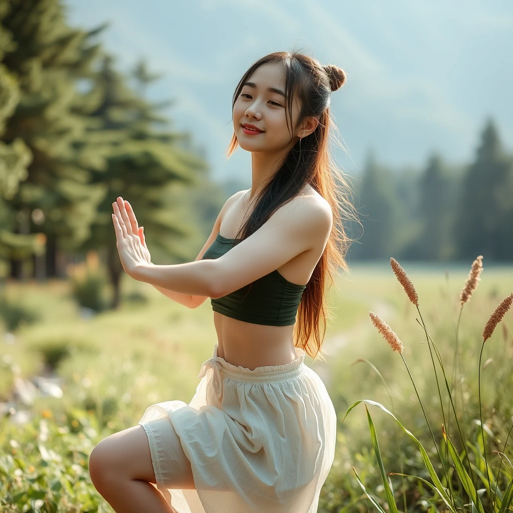 Concept: Portray a woman as a nature spirit, engaged in athletic activities.  
Style: Natural materials, bare feet, or sandals.  
Setting: Forests, fields, or rivers.  
Pose: Yoga poses, interacting with nature.  
Lighting: Use natural light to create a soft and warm atmosphere.  

22-year-old girl, Korean idol, ((Short bridge of the nose)), ((High, slender nose)), young, cute, smile.