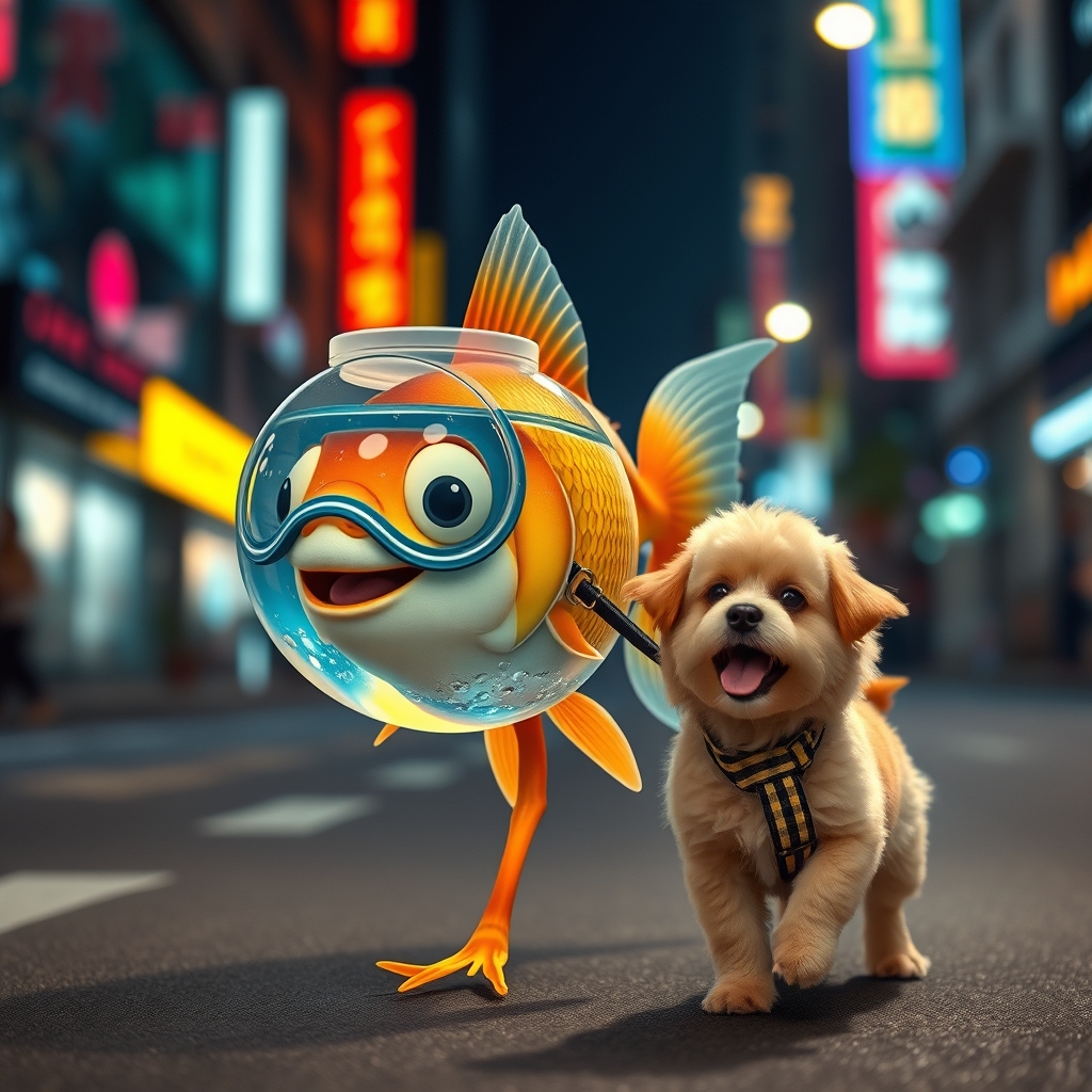 A cute, happy goldfish wearing a fish bowl as a breathing mask (half filled with water) is walking a cute dog on a leash in the streets at night, colorful city lights, happily laughing, mouth open, cute face, walking on fins (no legs), fluffy dog in front, silly walk, ultra realistic, realism. - Image