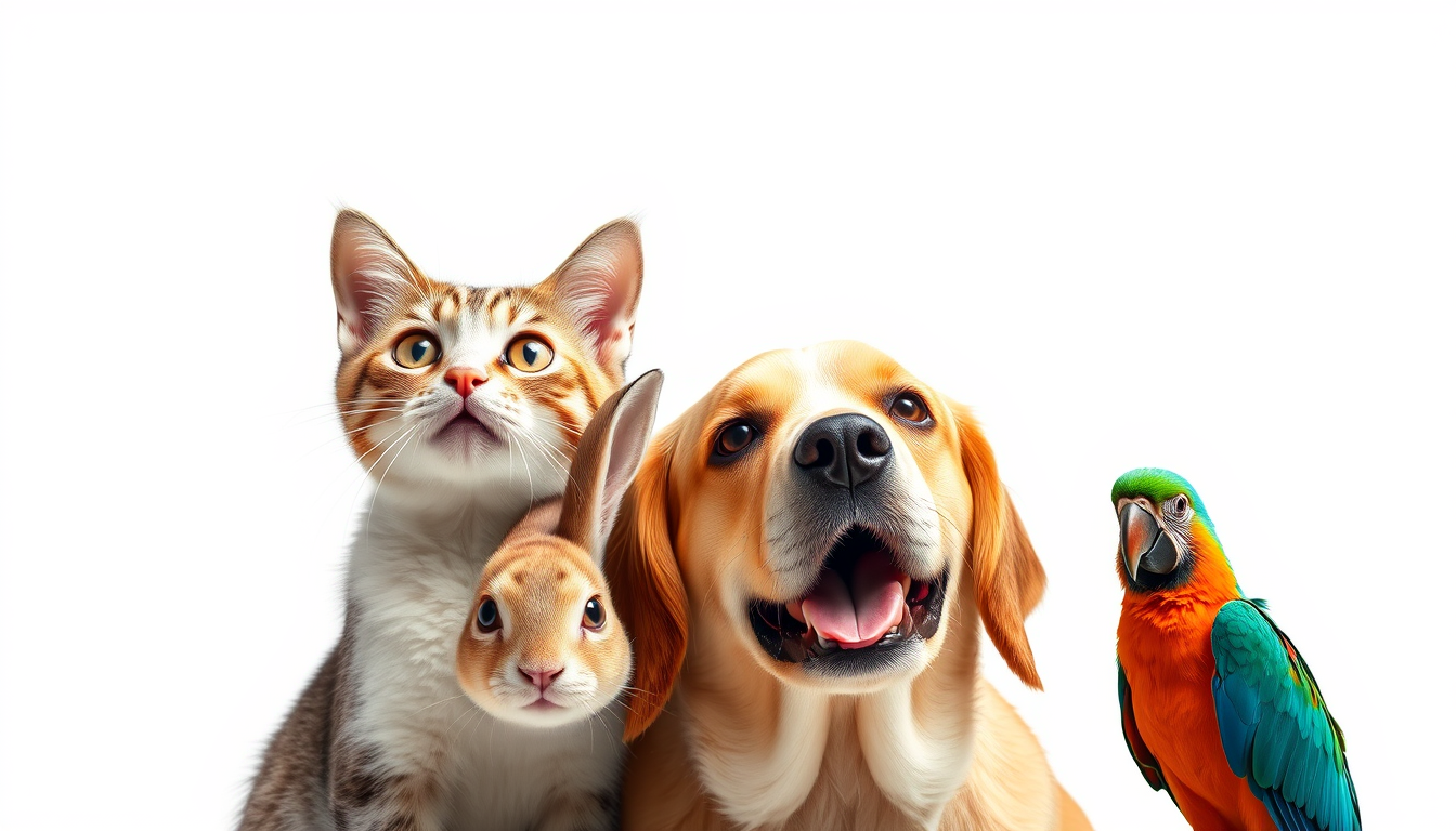 Cat with rabbit with dog with parrot Dramatic lighting against white background. Hyper-realistic, high-resolution image, expressive features and coloration.