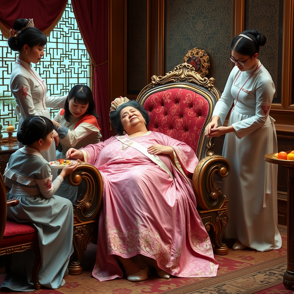 The plump empress lay on a luxurious and exquisite lounge chair, while the palace maids either massaged her back, fed her fruits, did her nails, or gave her a foot massage.