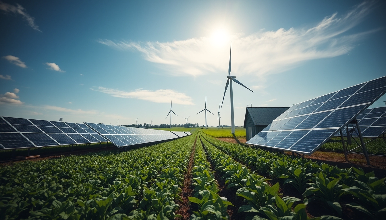 A wide-angle shot of a modern, eco-friendly farm with solar panels, wind turbines, and organic crops in the foreground. - Image