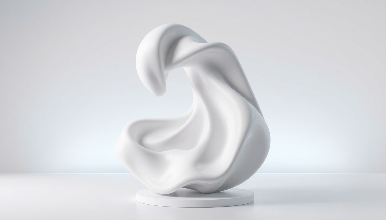 A 3D render of a digital sculpture with smooth, flowing forms, set against a minimalist background with soft lighting.