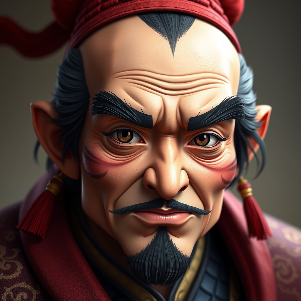 "Cao Cao looks about 1.55 meters tall, with eyebrows that are slightly spread out, a protruding nose bridge, and a forehead that tilts slightly. He appears somewhat cunning, yet has a hint of kindness. Overall, his appearance is not particularly ugly, but rather strange. Please express this using a realistic photograph."