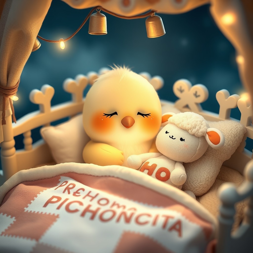 It's nighttime. A sweet, delicate, cute Kawaii little bird with a small, rounded beak is sound asleep in its lovely little bed adorned with tiny bells, soft lights, and childlike details featuring the name PICHONCITA, cuddled up under patchwork blankets with a tiny, friendly stuffed sheep.