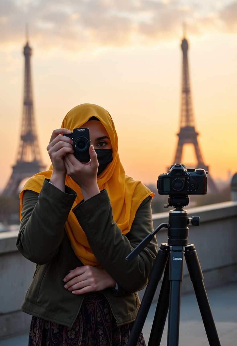 Biggest hijab yellow Muslim girl, beautiful eyes, face mask black, green army leather jacket pattern, biggest skirt, camera dslr canon, tripod, taking photos of Eiffel Tower, sunrise, morning scenery, hyper realistic, street photography. - Image