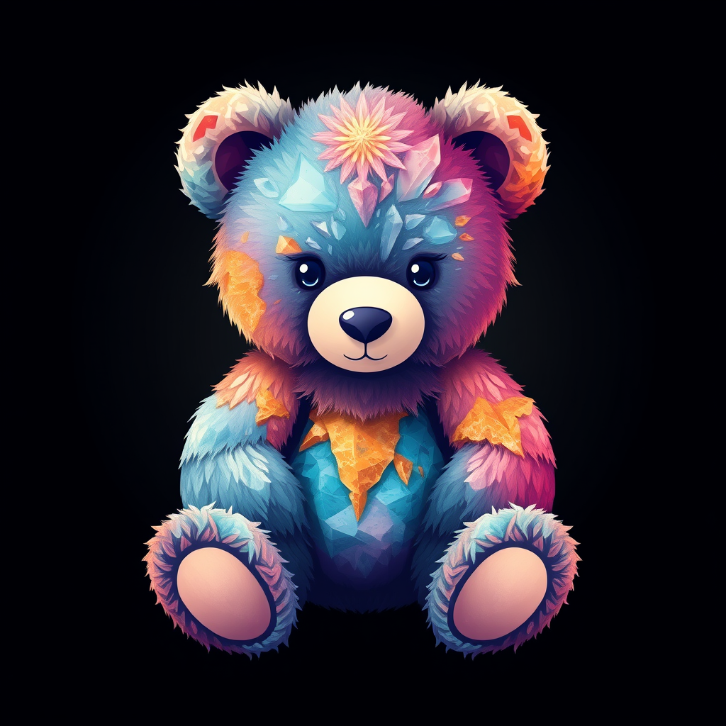 A tee shirt design of a teddy bear whose entire body, ears, and head are perfectly blended with a beautiful mineral. Striking and beautiful digital strokes. - Image