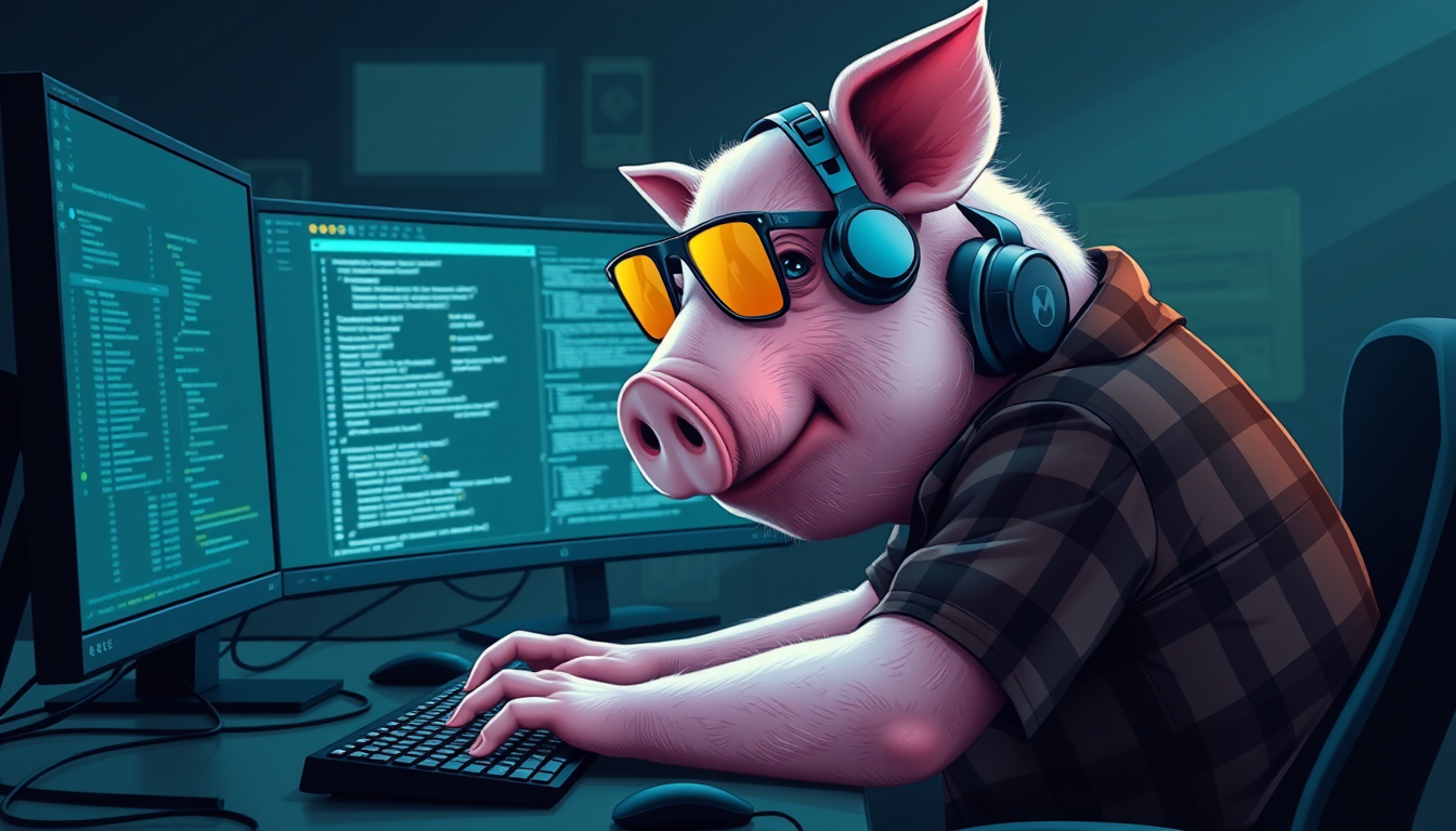 A tech-savvy porcine coder, donning yellow-tinted glasses and sleek noise-cancelling headphones, hunches over a cutting-edge multi-monitor setup. The anthropomorphic pig exudes focus, typing furiously. Wearing a plaid t-shirt. - Image