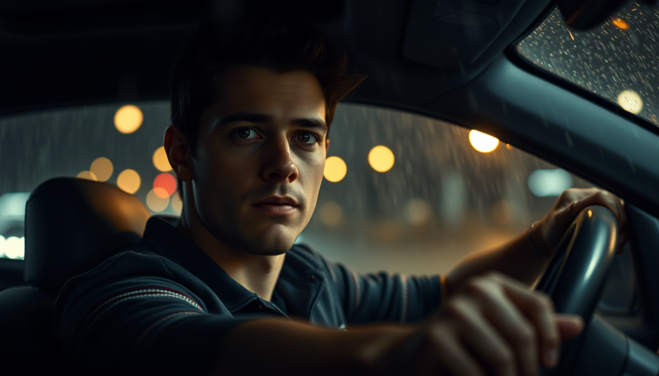 Young handsome man driving a car, midnight, rain, photo, hyperrealism, natural, cinematic effect, detailed, skin texture.