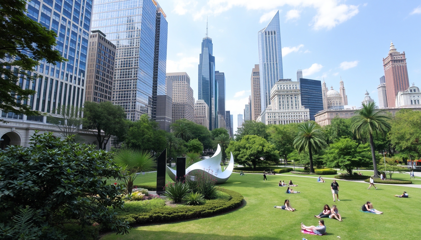 A wide-angle view of a city park with lush greenery, modern sculptures, and people relaxing on the grass, surrounded by skyscrapers. - Image