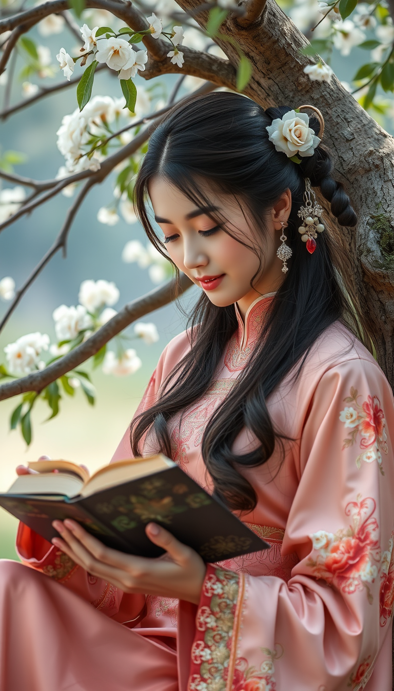 A Chinese beauty is reading a book under a tree.