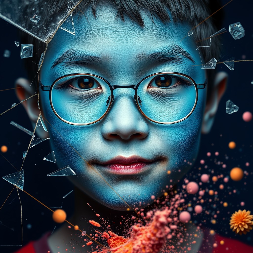 Close up, an Asian boy with blue skin surrounded by glass breakage and gold lines in a dark blue background, colorful glasses, and an explosion of spilled powder. - Image