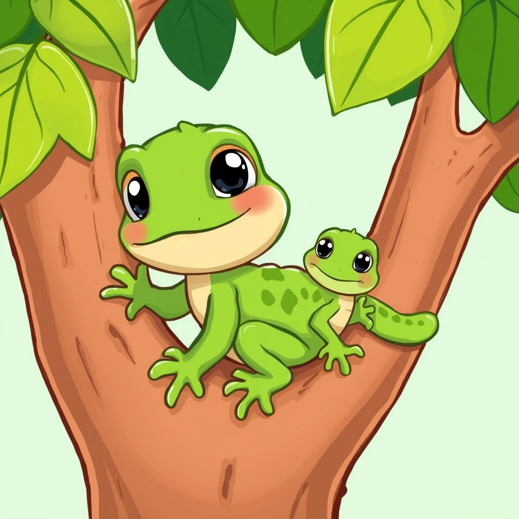 "Draw a cute cartoon-style picture of a kind and adorable baby lizard resting on a tree with its friend lizard." - Image