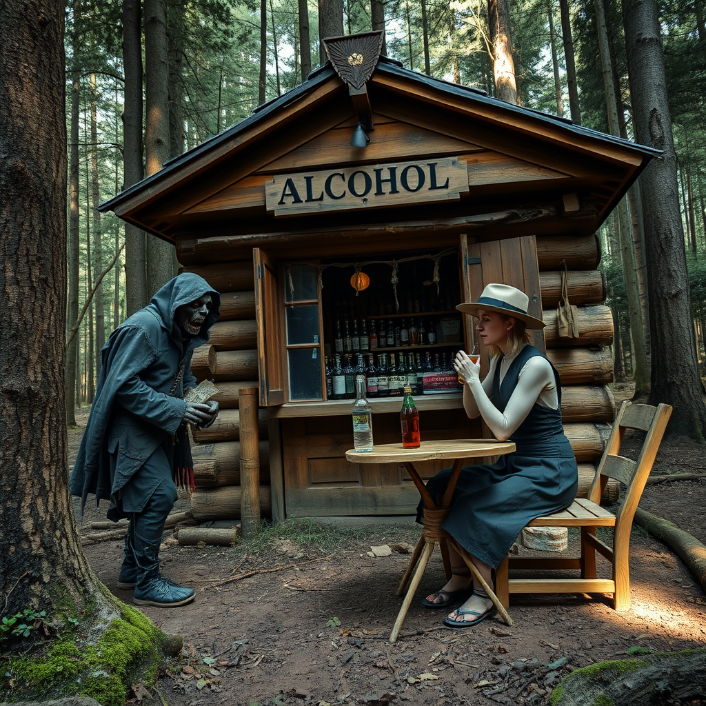 Real-life photography, wide shot: In the forest, there is a wooden cabin selling alcohol, and a dressed zombie comes to buy some. Next to the cabin, there are one table and two chairs, with a zombie wearing a hat sitting and drinking. A Japanese female barbarian is selling the alcohol. - Image