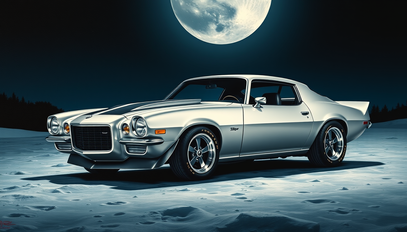 a 1972 Camaro on the moon, as painted by Syd Mead, metallic silver paint.