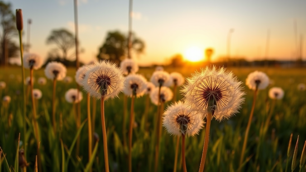 a field of dandelions in the sunset with the sun setting in the background, by Andrew Domachowski, art photography, dandelions, award winning nature photo, dandelion, the brilliant dawn on the meadow, weeds and grass, sunny meadow