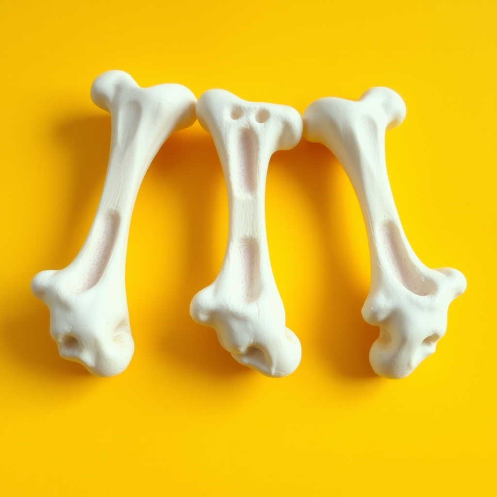 3 H-shaped bones, yellow background, realistic photograph