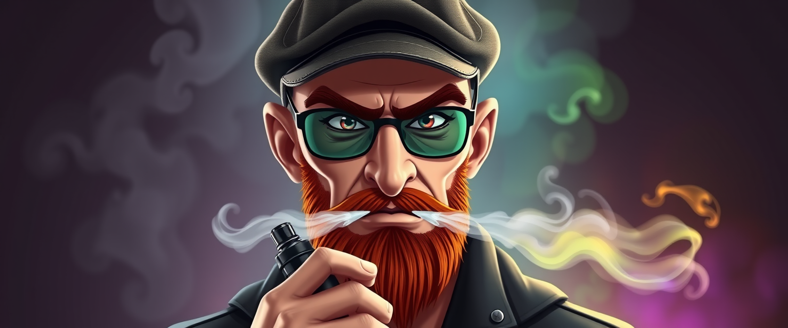 Three-quarter view of a sinister, bald cartoon human male with demonic features. Short ginger beard contrasts with dark eyebrows. Wears a weathered flat cap and reflective aviator glasses. Clutches a sleek vape mod, exhaling dense, swirling vapor clouds. Vibrant e-liquid drips off his pale skin, creating a colorful aura. Hyper-realistic, high detailed, photographic, ultra real.