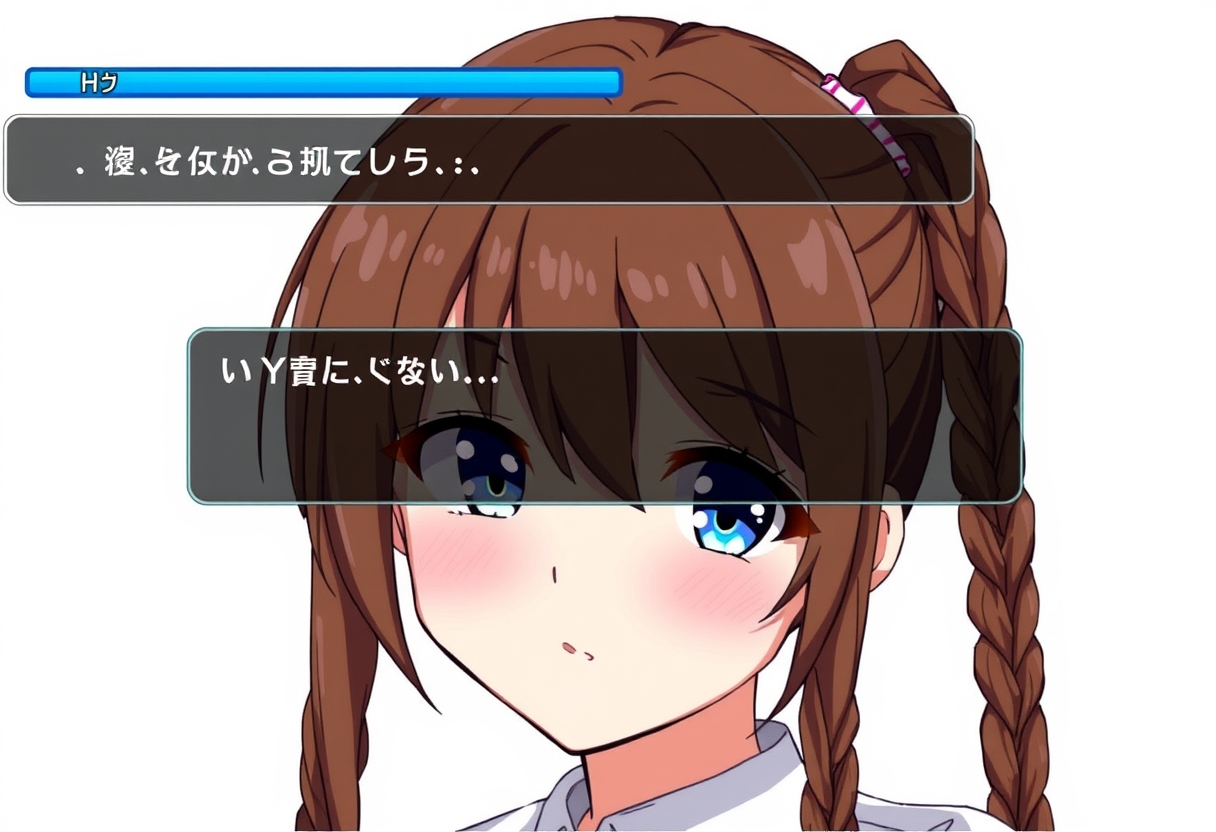 Visual novel with game interface showing a block of text "Yaseneva" and an image of a girl with brown hair, long braids, and blue eyes in anime style. - Image