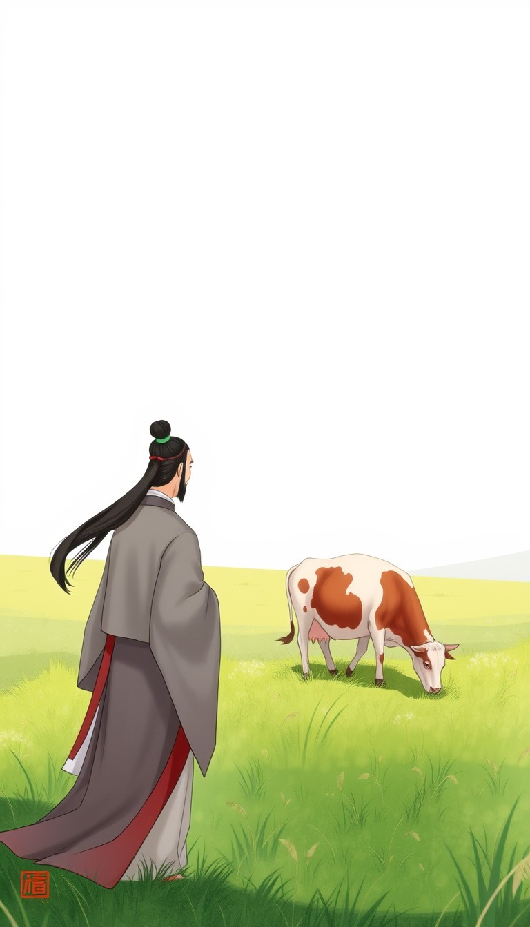 Gong Mingyi, in his traditional Chinese attire with long flowing hair tied in a bun, notices a cow grazing leisurely in the field. The cow is depicted with detailed textures, calmly chewing on grass. The background shows the open, peaceful farmland under a bright sky. (illustration style, traditional Chinese art) - Image