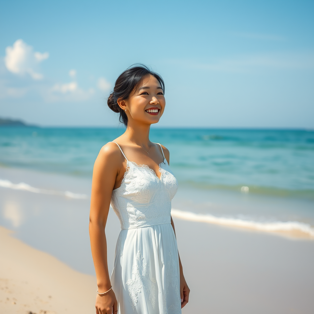 The Chinese woman, dressed in a white dress, stood on the beach and greeted the sea breeze with a smile, glowing radioactivity, wide light, colorism, 16k, HDR.