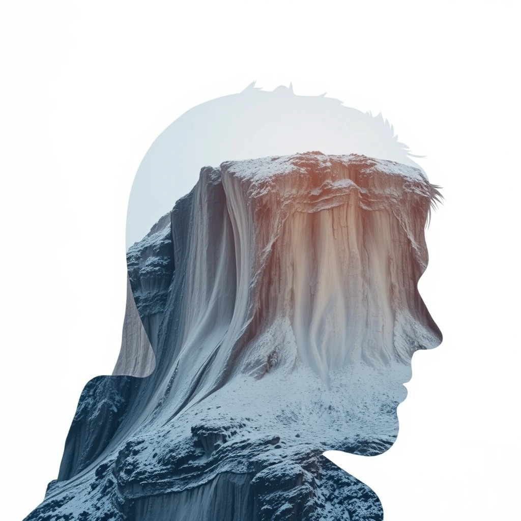 '[Abstract style of a snowy covered cliff] within the outline of a [man's] head, this is a double exposure photo. Non-figurative, colors and shapes, emotional expression, imaginative, very detailed.' - Image