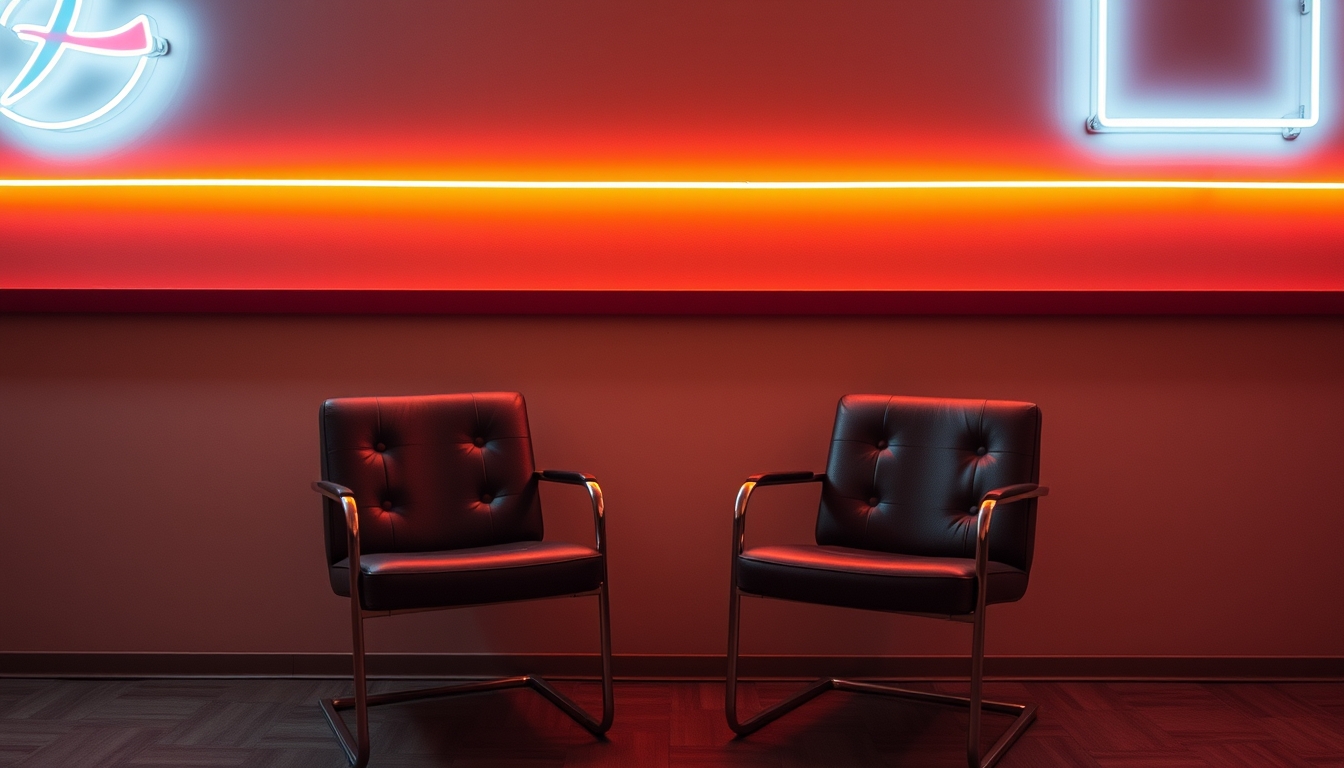 Two chairs are sitting in front of a wall with neon lights.